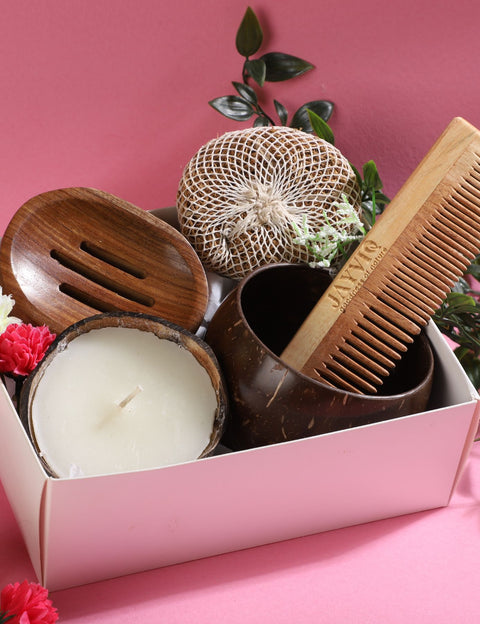 Jayviq Blissful Mother's Day Combo Set: Comb, Coir, Coconut Bowl, Candle, Soap Dish Delight